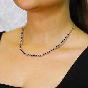 Multi Shape Prong Set Blue Sapphire Tennis Necklace 14K White Gold